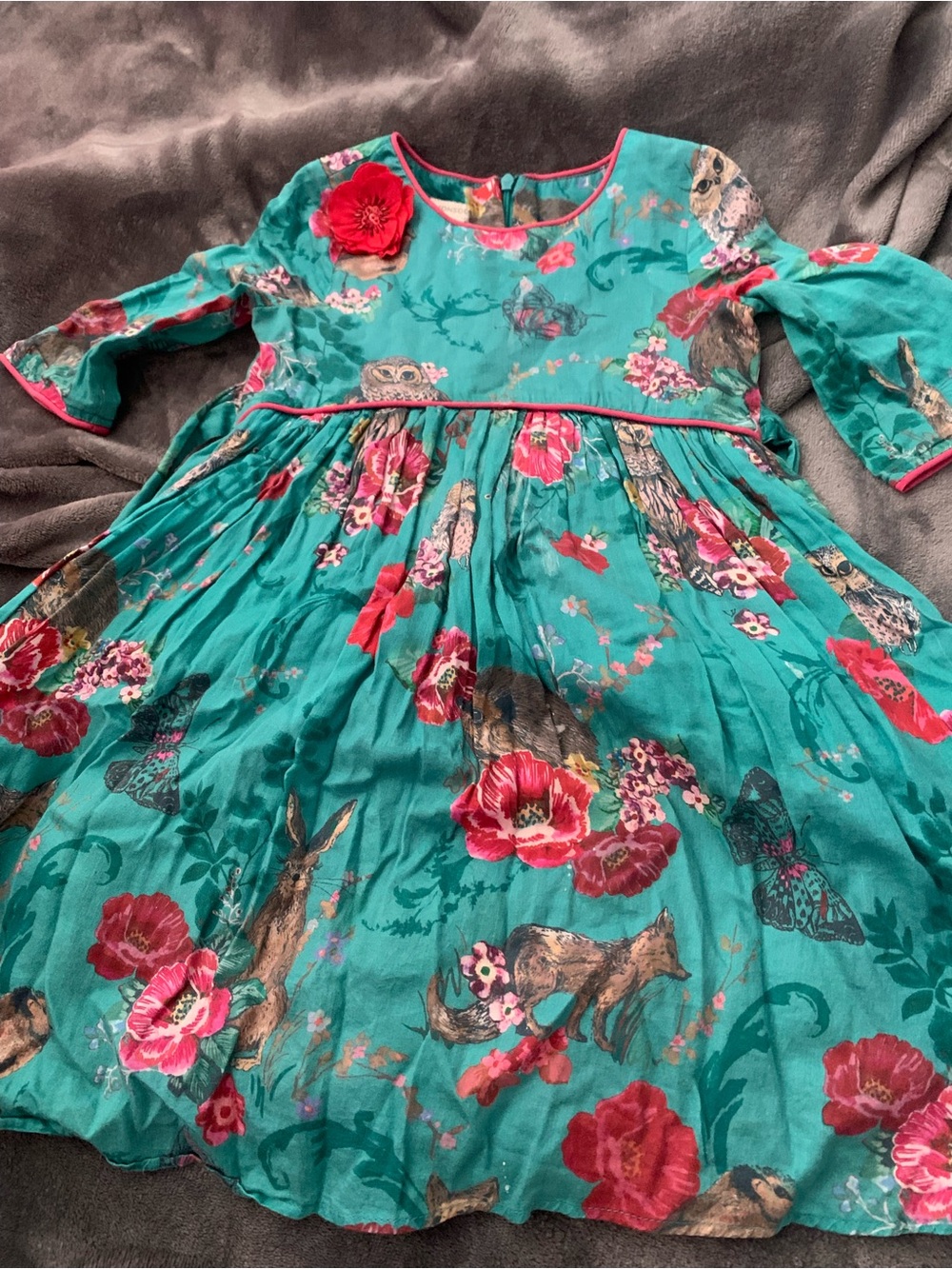 Kids Monsoon Floral & Woodland Print Teal Dress with Pink Accents age 4
